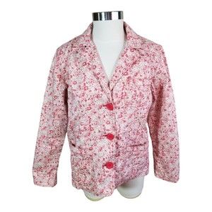 Eddie Bauer Women's Floral Jacket Blazer Red White Button Up Pockets Size Lg
